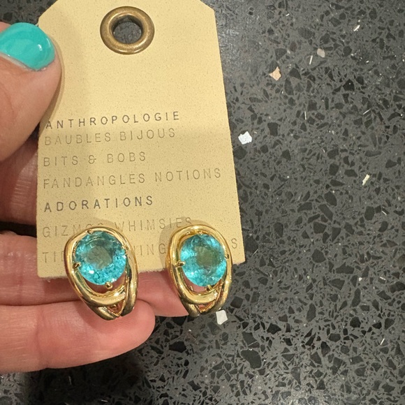 Anthropologie Gold-Tone Earrings with Teal Stones - Picture 2 of 5